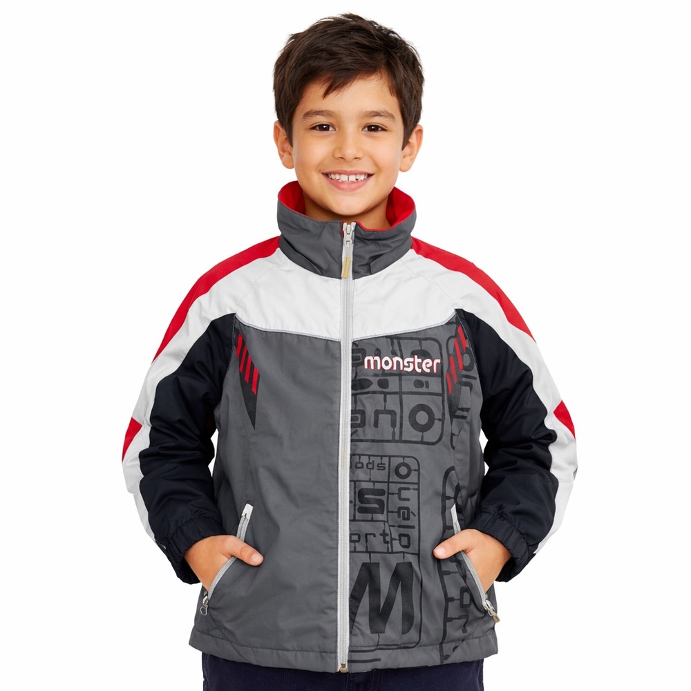 Monster Boys Winter Jacket Size 10 Gray Red Black Fleece Lined Zip Up